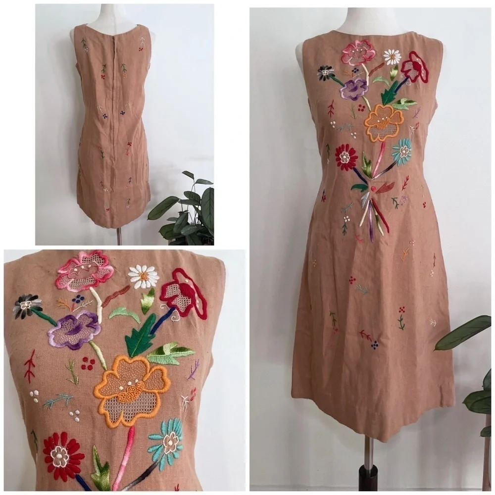 Vintage 60’s 70’s Hand Stitch Embroidery Floral Colorful Garden Sheath Tan Dress - Picture 1 of 15